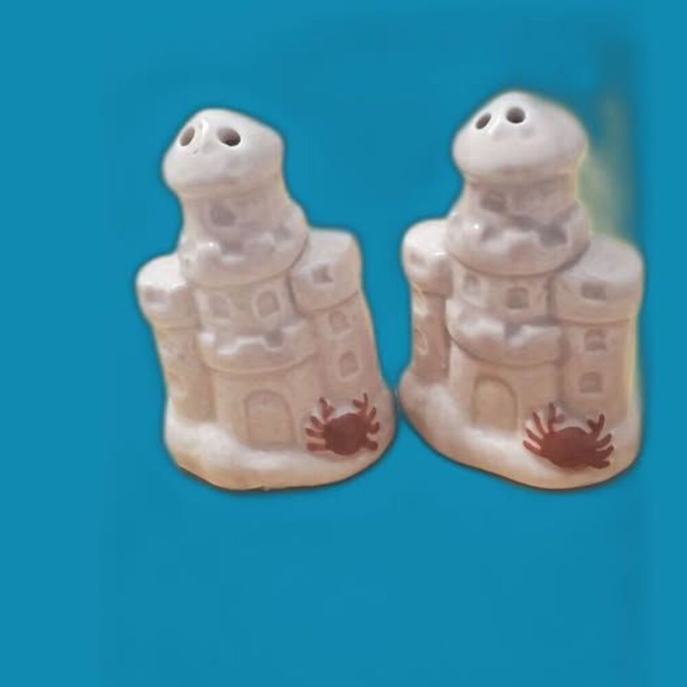 Sand Castle Salt and Pepper Shakers with Crabs on the front-Hand Painted~